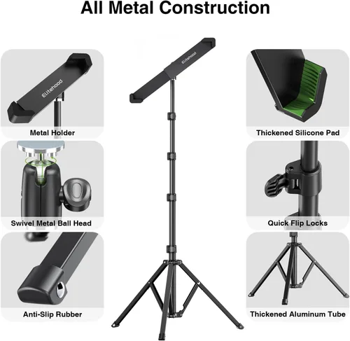 Vista 8 de elitehood Soporte de aluminio para iPad con soporte diagonal para tableta, trípode para iPad de 65 pulgadas de altura ajustable, trípode giratorio