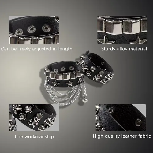 Vista 4 de Juego de 2 pulseras de cadena con tachuelas góticas, punk, calavera, estrella, remache, brazalete de los años 80, Emo Goth Punk Rock, accesorios