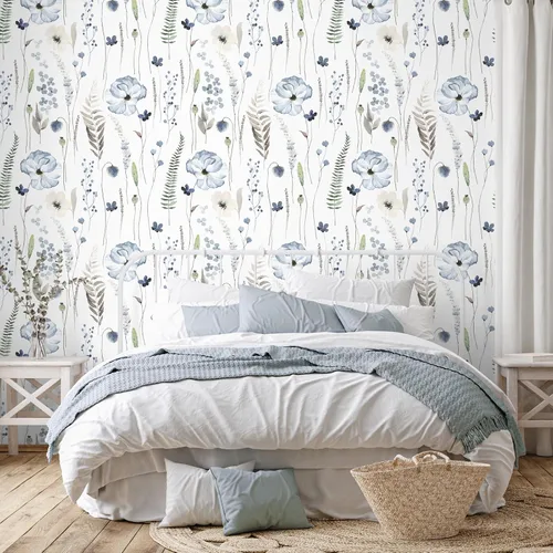 Vista 3 de VEELIKE Papel tapiz floral azul de acuarela para despegar y pegar, papel tapiz botánico de helecho bohemio para dormitorio, baño, guardería, 17.7 x