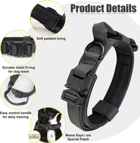 Vista 6 de KCUCOP Collar táctico para perro, collar militar con asa, collar K9 grueso, ajustable, resistente, para perros grandes y medianos (negro, L)