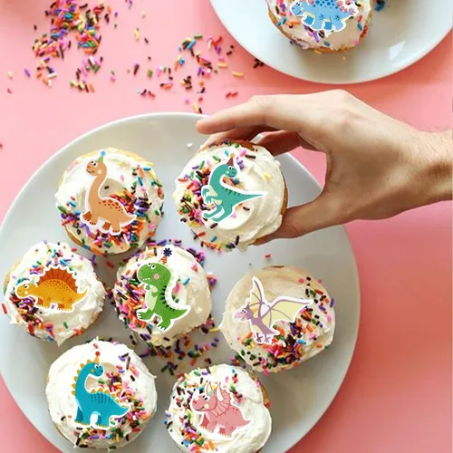 Vista 6 de Ercadio 40 piezas comestibles de dibujos animados de dinosaurios para cupcakes para bebida, decoración de tartas para temática de dinosaurios, baby