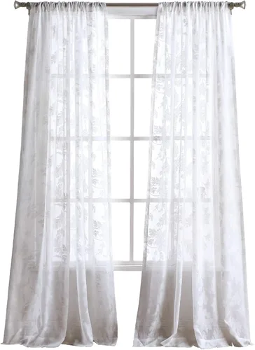 Vista 2 de Martha Stewart Aster Acanthus - Par de paneles de cortinas semitransparentes con bolsillo para barra, 84 pulgadas, color blanco