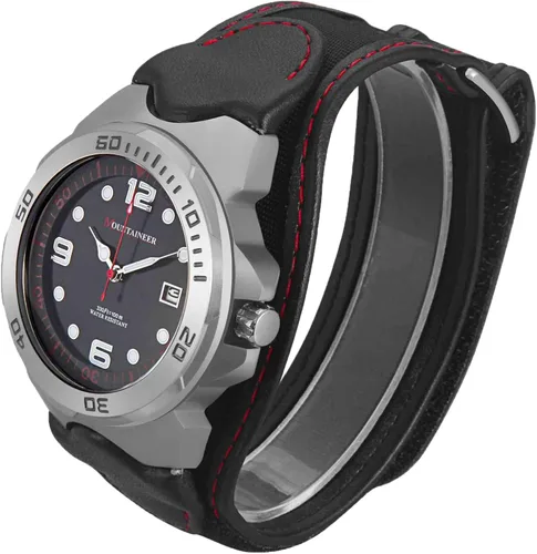 Vista 2 de Mountaineer MN1451 - Reloj deportivo para hombre analógico correa de nailon de cuero negro costuras rojas para hombre Negro