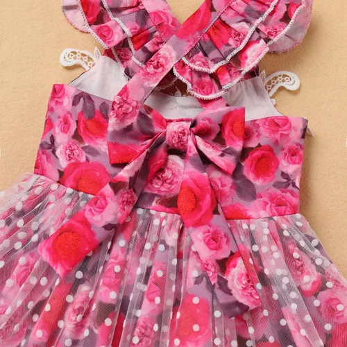 Vista 4 de IDOPIP Baby Girls Floral Tutu Dress Summer Mesh Lace Sleeveless Backless Princess Birthday Party Dresses with Headband Outfit