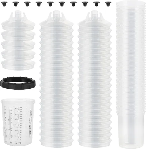 Vista 8 de Tazas desechables para pistola de pintura (200ML/6.7OZ), kit de tazas de pintura con 50 revestimientos de taza, 50 tapas, 20 tapones de sellado, 1