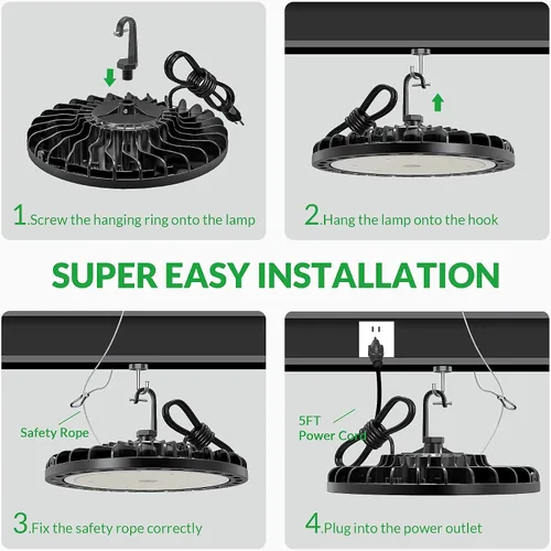 Vista 8 de Luz LED de Bahía Alta de 150W, 22500 LM con Cable de 5 pies con Enchufe de EE.UU., 5000K Luz de Día, IP65 Impermeable, Luces LED UFO de Taller