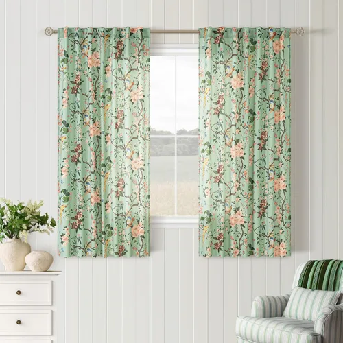 Vista 50 de Cortinas de lino de pájaro floral azul 2 paneles de 72 pulgadas de largo Aqua Blue