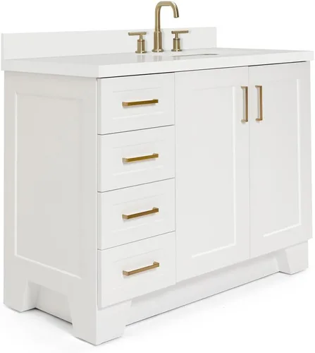 Vista 8 de ARIEL Taylor - Lavabo de baño individual de 43 pulgadas en blanco, parte superior de cuarzo con borde de 1.5 pulgadas, madera maciza, fregadero