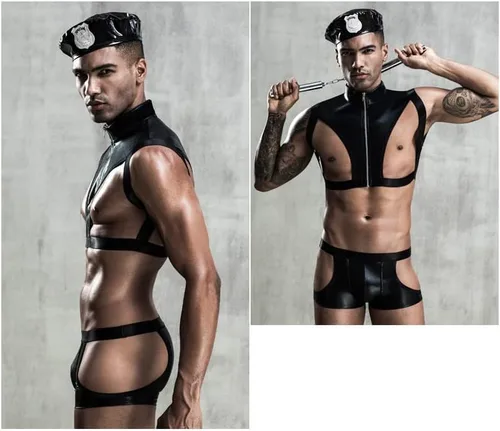 Vista 7 de Munyee Hua Conjunto de disfraz sexy para hombre, overol de león, uniforme de policía, negro