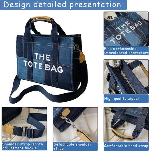 Vista 3 de Bolso de mano para mujer, bolso de mano con cremallera, lona, piel sintética, bolso cruzado de mezclilla, bolso de hombro para oficina, viajes