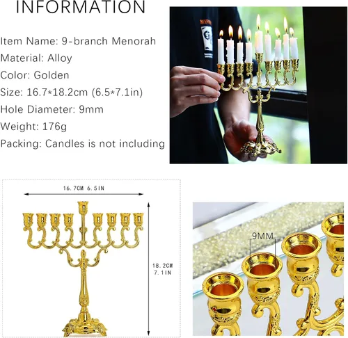 Vista 2 de YU FENG 7" 9 Branch Hanukkah Menorah, Gold Plated Candle Holder Menorá judía para Janucá, portavelas de Shabat, decoración tradicional navideña Oro
