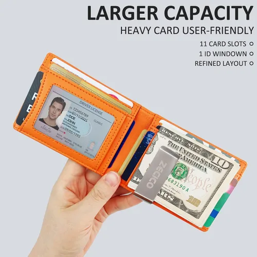 Vista 2 de ZECICO Billetera minimalista para hombre con tarjetero RFID con clip para dinero, elegante bolsillo frontal delgado, billeteras plegables