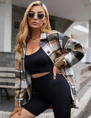 Vista 5 de Yeokou - Chaqueta de franela a cuadros con botones para mujer, para el otoño, bloque