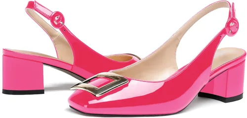 Vista 6 de WAYDERNS Zapatos de tacón bajo grueso de 2 pulgadas con hebilla rectangular de metal dorado para mujer, Oro