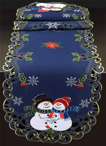 Vista 6 de Creative Linens Camino de mesa navideño bordado muñeco de nieve con copo de nieve de Pascua ovalado, bufanda de tocador azul dorado