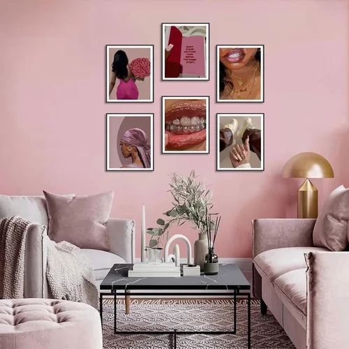 Vista 7 de Conjunto de pósteres de mujer negra de 6, arte de pared de mujeres afroamericanas de moda, pinturas decorativas abstractas para recámara y sala