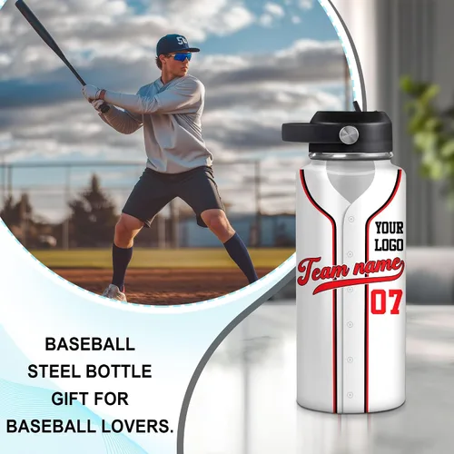 Vista 3 de Hyturtle Botella de agua de béisbol personalizada, botella de acero inoxidable aislada de viaje con tapa a prueba de fugas, 18 onzas, 32 onzas