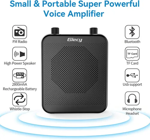 Vista 2 de Amplificador de voz portátil de 30 W con auriculares con micrófono cableado, sistema PA recargable de 2800 mAh, altavoz con micrófono personal