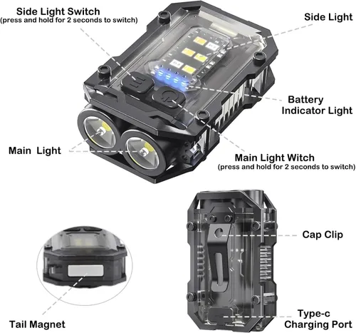 Vista 7 de Paquete de 2 llaveros EDC - Mini llavero de luz súper brillante con clip para sombrero, base magnética, luces de flash de bolsillo pequeñas