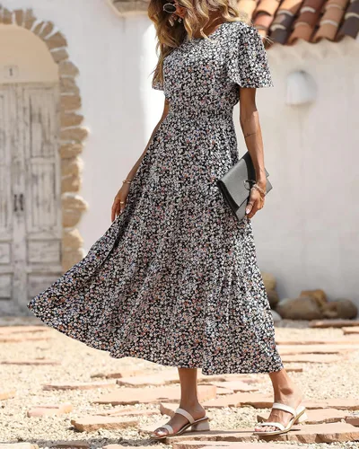 Vista 2 de PRETTYGARDEN - Vestido largo casual de verano para mujer, manga corta, con vuelo, cuello redondo, cintura fruncida, escalonado, bohemio, floral