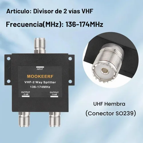 Vista 2 de MOOKEERF Divisor VHF-2 Way para 136-174MHz HAM CB o VHF Radio 50 Ohm VHF Splitter con conector UHF hembra (SO-239)