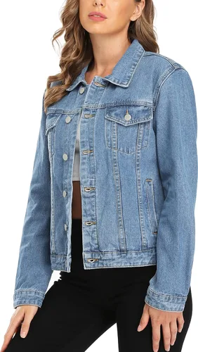 Vista 2 de MISS MOLY Chaqueta de mezclilla para mujer, con botones, manga larga, básica, moderna, con bolsillos