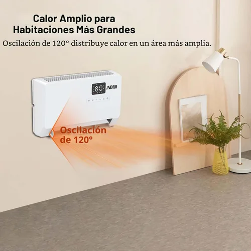 Vista 5 de Calentador de espacio montado en la pared con termostato ECO y control remoto, pantalla LED, modos de oscilación de 60°/90°/120°, temporizador de 24