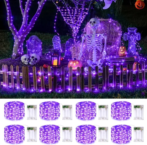 Vista 14 de JMEXSUSS 4 unidades de luces de hadas LED de 50 luces en púrpura y verde, luces de cadena de hadas operadas con batería, luces de 16 pies