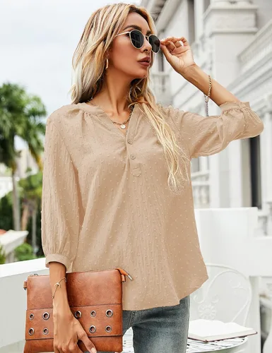 Vista 2 de LOMON - Blusas informales de manga 34, con cuello henley en v y botones, de plumetí con pliegues en la espalda para mujer, tallas de la S a la XXL