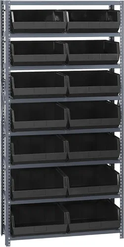 Vista 446 de Quantum QSBU-245BK Heavy Duty Shelving Unit with (7) Shelves and (24) QUS245 Black Bins for Garage Warehouse Storage Distribution 400 lb Load