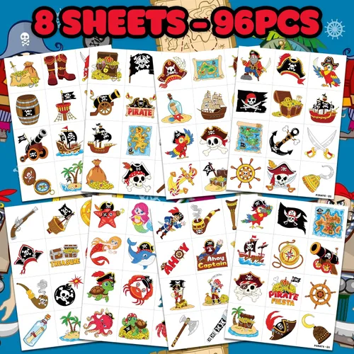 Vista 3 de 96 tatuajes temporales de barco pirata precortados para recuerdos de fiesta de niños Suministros de cumpleaños con temática náutica, decoraciones