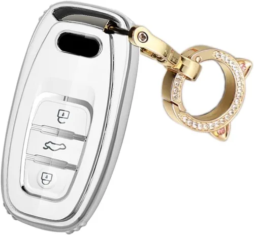 Vista 5 de ontto Funda para llavero compatible con Audi Q5 SQ5 Q3 Q7 Q8 A3 A4 A5 A6 A7 llavero remoto sin llave, carcasa brillante con borde plateado negro