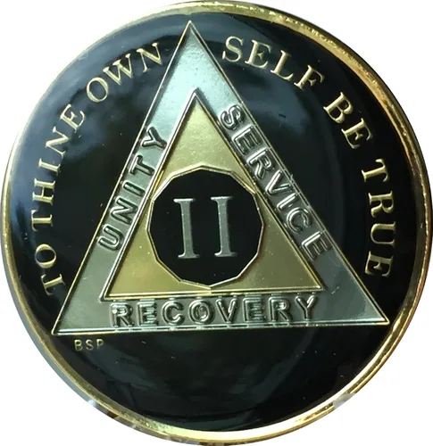 Vista 5 de Blue Star Press 2 años Classic Black AA Medallion Sobriety Chip Tri Plate chapado en oro y níquel