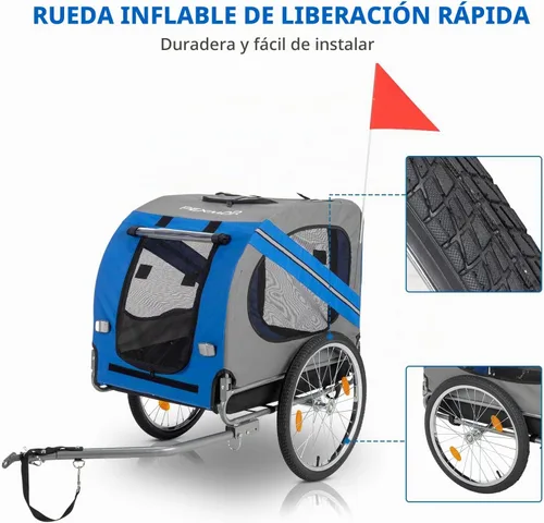Vista 9 de PEXMOR Remolque de bicicleta para perros, carrito plegable para mascotas, carrito de remolque para bicicleta, carrito de carga con enganche Azul