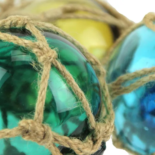 Vista 3 de Juego de 5 flotadores de pesca de cristal inspirados en la costa con detalles de cuerda, encantadores adornos náuticos de estilo antiguo