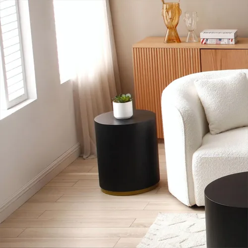Vista 3 de KEVINSPACE Mesa auxiliar negra con borde dorado en la parte inferior, mesa de centro redonda para espacios pequeños, mesa auxiliar de madera mesita