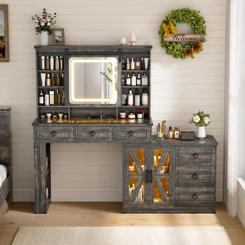 Vista 9 de Lvifur Tocador de Estilo Granja con Espejo Deslizante y Luces, Mesa de Tocador con Superficie de Cristal y Almacenamiento de Joyas, Juego de Tocador