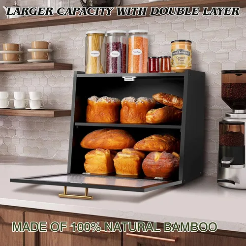 Vista 2 de Joyvilla Caja de Pan de Doble Capa de Bambú para Encimera de Cocina, Contenedor de Almacenamiento de Pan, Caja de Pan Negra con Ventana, de Gran