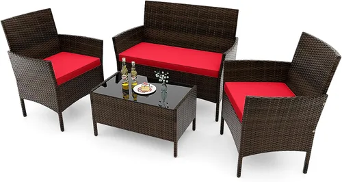 Vista 30 de RELAX4LIFE Juego de muebles de patio de 4 piezas – Juego de muebles de ratán para conversación al aire libre con cojines, mesa de centro de cristal