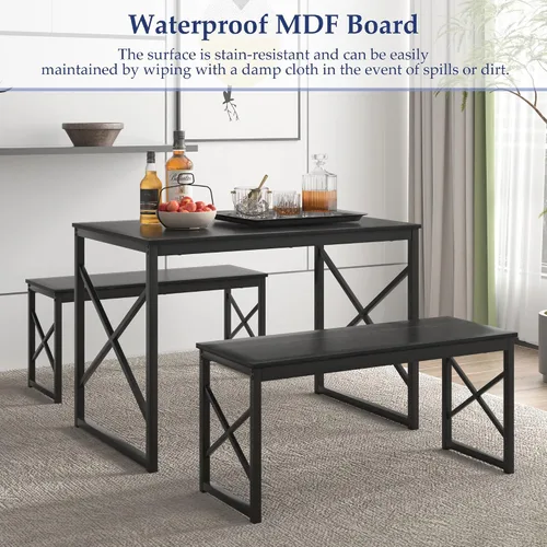 Vista 5 de VECELO Juego de Mesa de Comedor de Cocina con Bancos para 4, Mesa de Comedor de Madera de 43.3" con 2 Bancos, Mesa de Comedor de Alta Resistencia