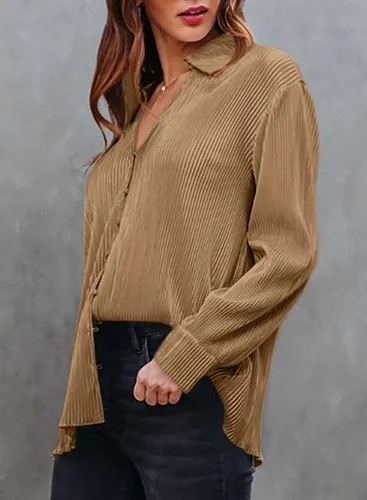 Vista 3 de Astylish Blusa elegante de manga larga con botones Plisse para mujer, ropa de moda
