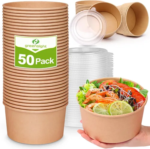 Vista 7 de Greensight Cuencos de papel grandes de 32 onzas con tapas, paquete de 50 unidades, desechables, biodegradables para ensaladas, sopas, alimentos