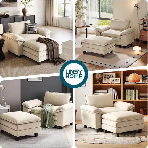 Vista 7 de LINSY HOME Cloud Sofa - Silla decorativa con tumbona otomana para interiores, sofá de pana perfecta para sala de estar, apartamento, oficina, beige