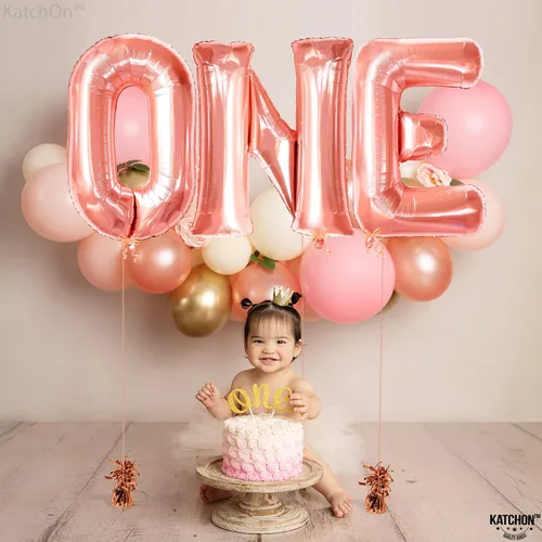Vista 6 de KatchOn, Globo de oro rosa para el primer cumpleaños, 32 pulgadas, globo de oro rosa, globos número 1 para decoración de primer cumpleaños
