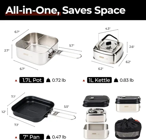Vista 5 de Alocs Camping Cookware Set - Lightweight Camping Pots and Pans - Portable Outdoor Cookware with Kettle - Camping Cookware Mess Kit for 2