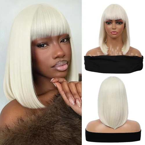 Vista 9 de Kalyss - Pelucas cortas de cabello negro con flequillo para mujer, peluca de cabello sintético completo, resistente al calor, peluca corta y recta