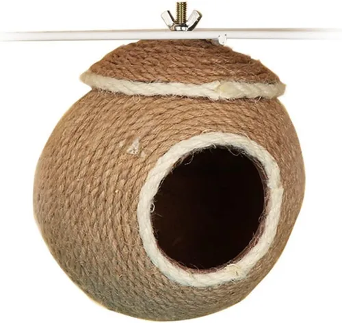 Vista 10 de Sugar Glider House - Cabaña de cuerda de cáñamo con cáscara de coco natural, nido para planeador de azúcar, hámster, ardilla, periquito de pájaro
