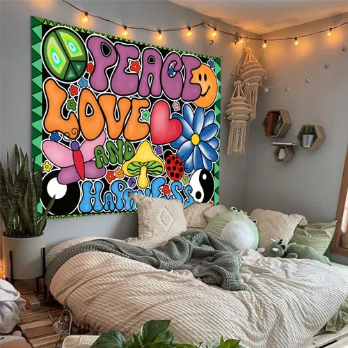 Vista 2 de F-FUN SOUL Tapiz de paz amor y felicidad, tapices geniales, 40 x 30 pulgadas, tapices temáticos de los años 70, tapiz estético hippie para colgar