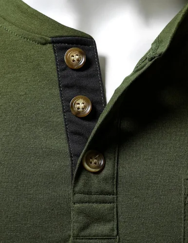 Vista 4 de LucMatton - Camiseta Henley para hombre, ligera, casual, elástica, ajuste entallado, manga larga, con bolsillo Verde militar