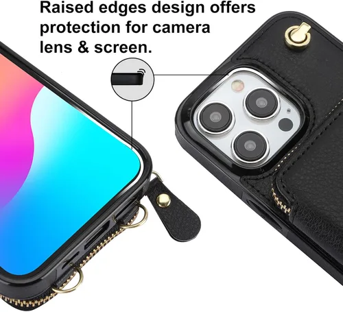 Vista 7 de Bocasal Funda tipo cartera cruzada para iPhone 15 Pro Max, funda de piel con bloqueo RFID y soporte para tarjetas, funda protectora con cremallera